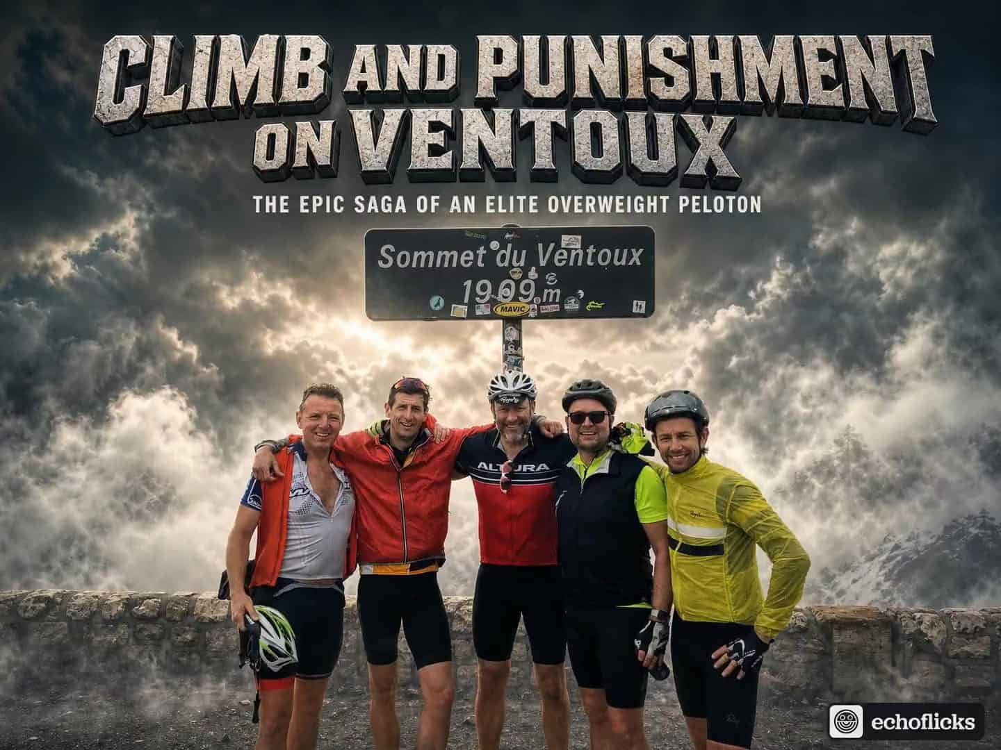 Climb and Punishment on Ventoux — EchoFlicks movie poster of five cyclists at the Sommet du Ventoux sign under stormy clouds