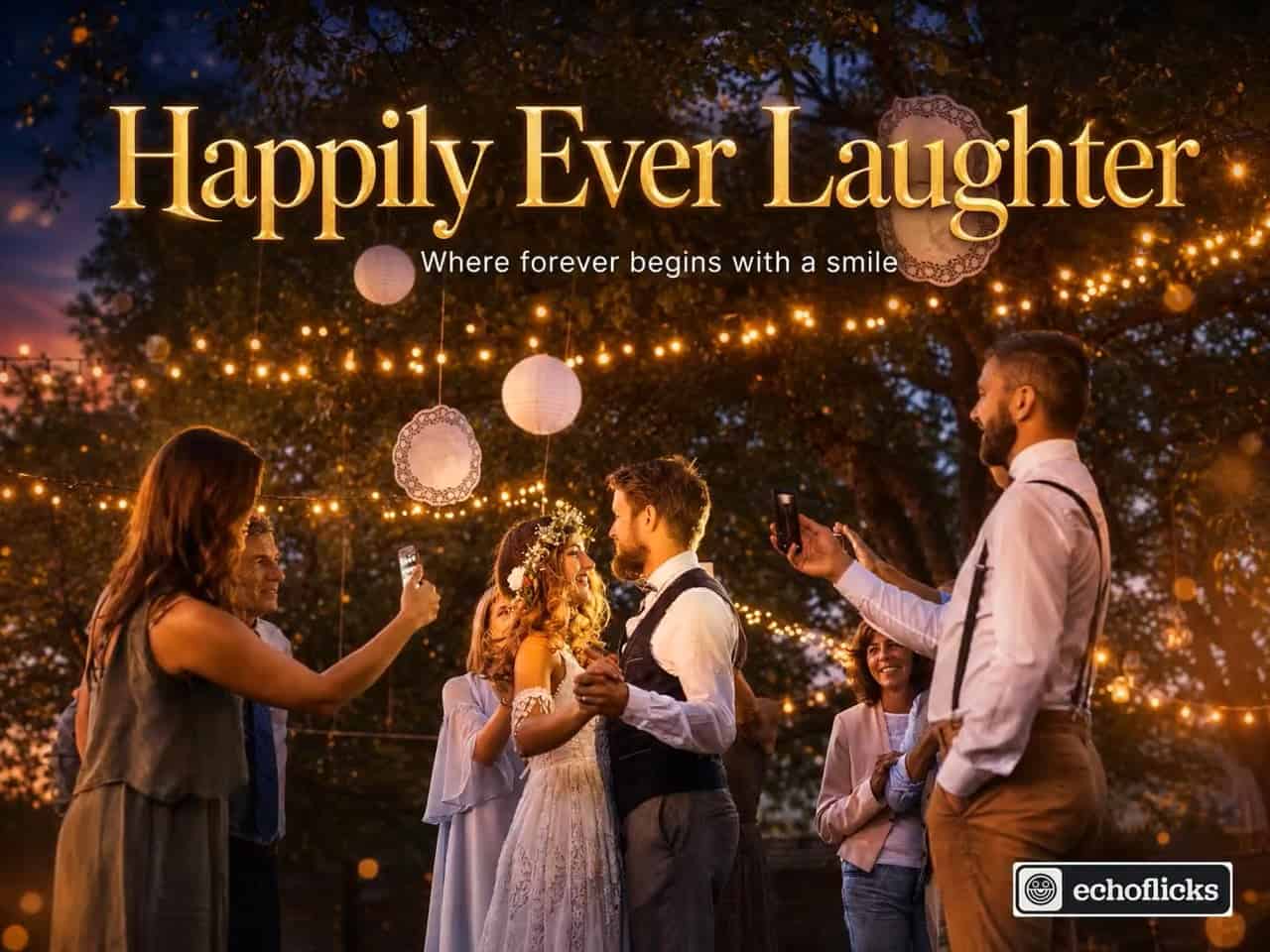 Happily Ever Laughter — EchoFlicks wedding movie poster of guests celebrating under string lights