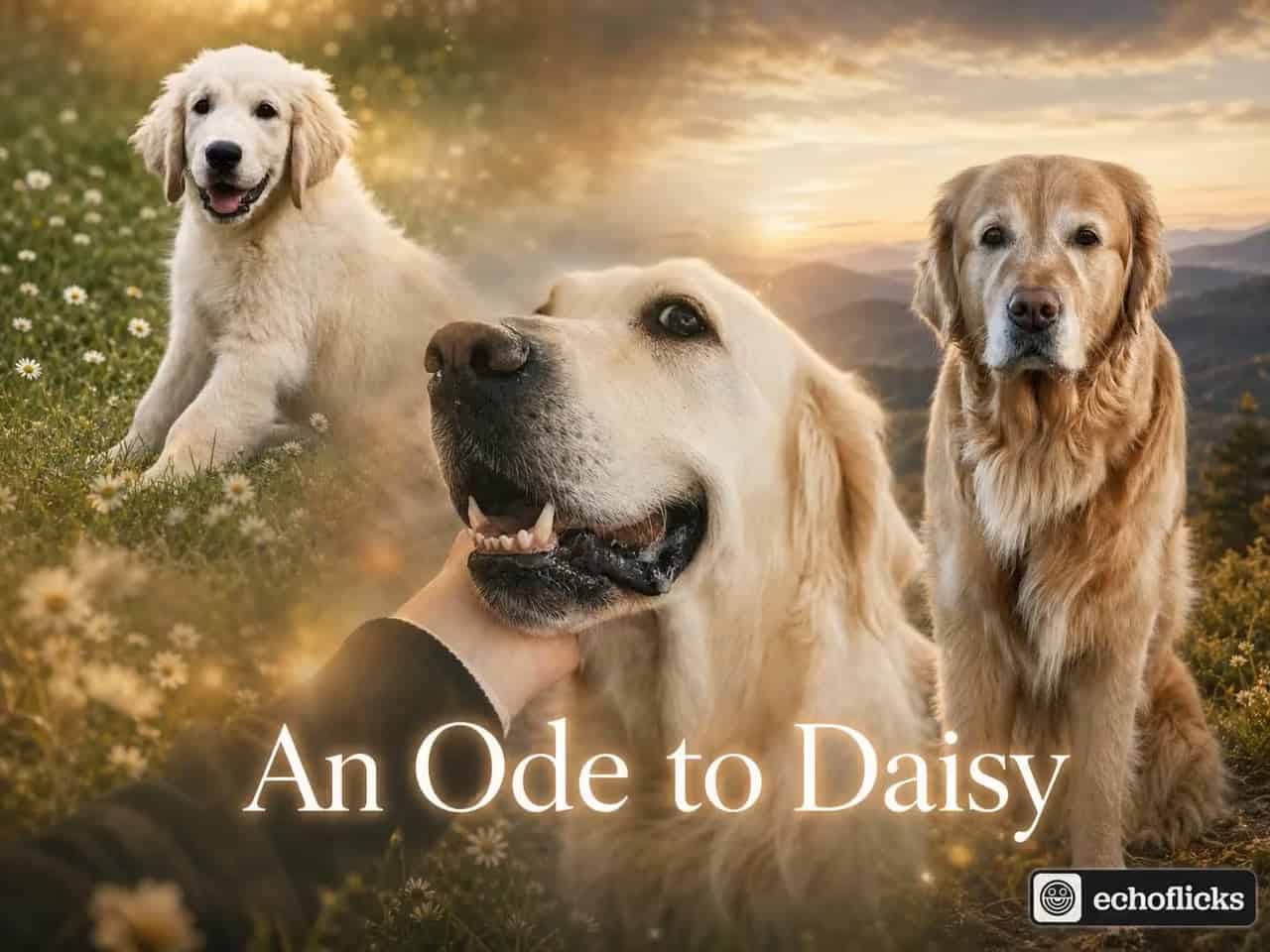 An Ode to Daisy — EchoFlicks pet movie poster of golden retrievers in a sunlit meadow